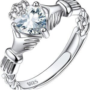 925 Sterling Silver Good Luck Celtic Twisted Knot/Claddagh Heart Birthstone Ring